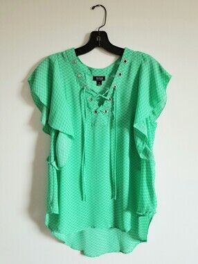 a.n.a Mint Green Lace-Up Ruffle Sleeve Women's Top